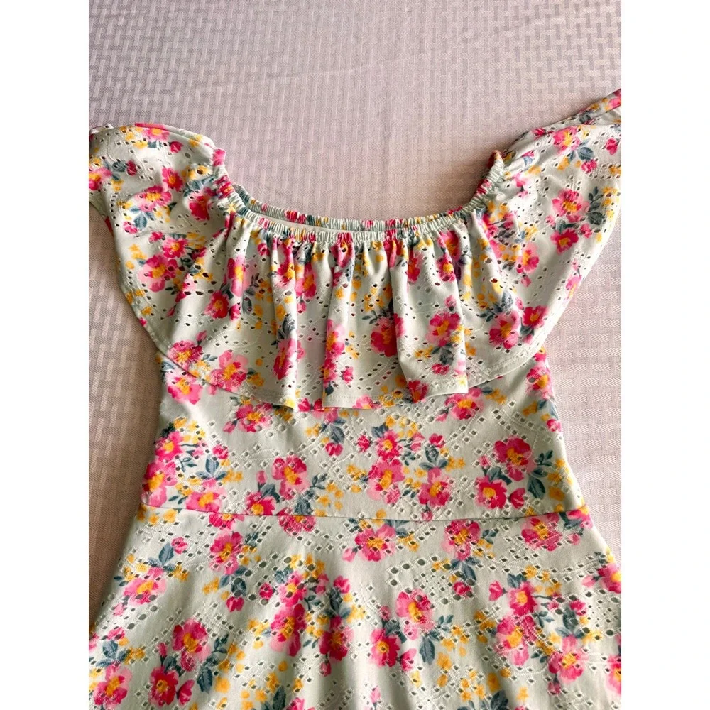 btween Girls Floral Eyelet Ruffle Off Shoulder Dress Mint Green Pink Size 12